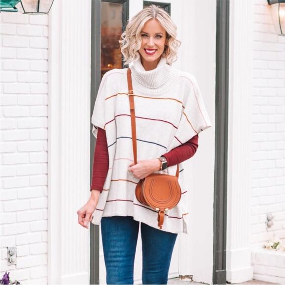 LOFT Sweaters - Loft Heathered Gray Colorful Striped Wool Blend Turtleneck Poncho Sweater M/L